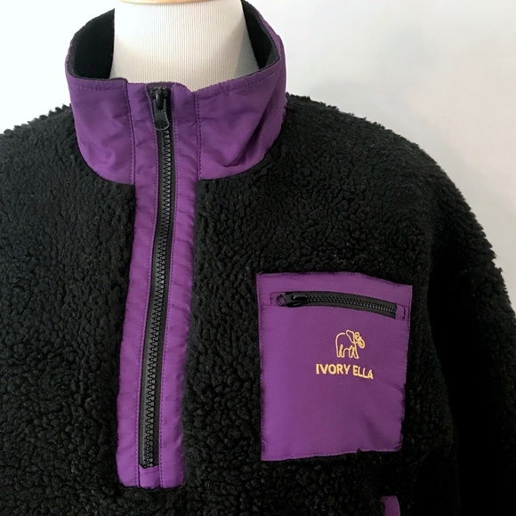 Ivory Ella Black Sherpa Teddy Fleece 1/3 Zip Purple Trim Accents - Picture 1 of 15